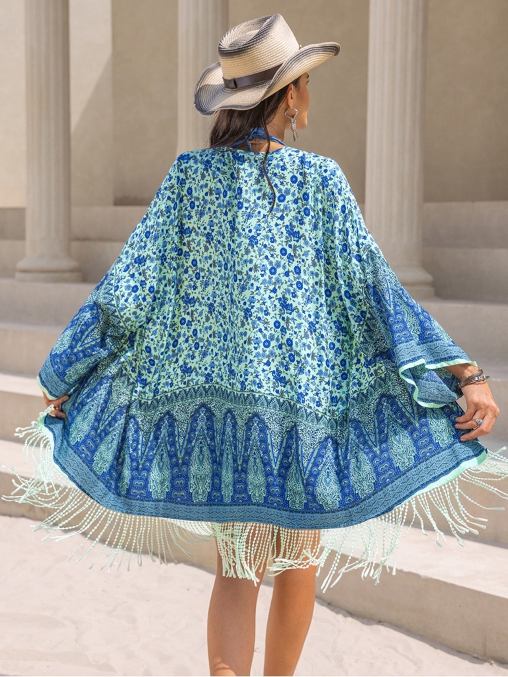 🩵Hello Gorgeous! Blue & Teal Printed Fringe Beach Kimono - Swim Cover-Up